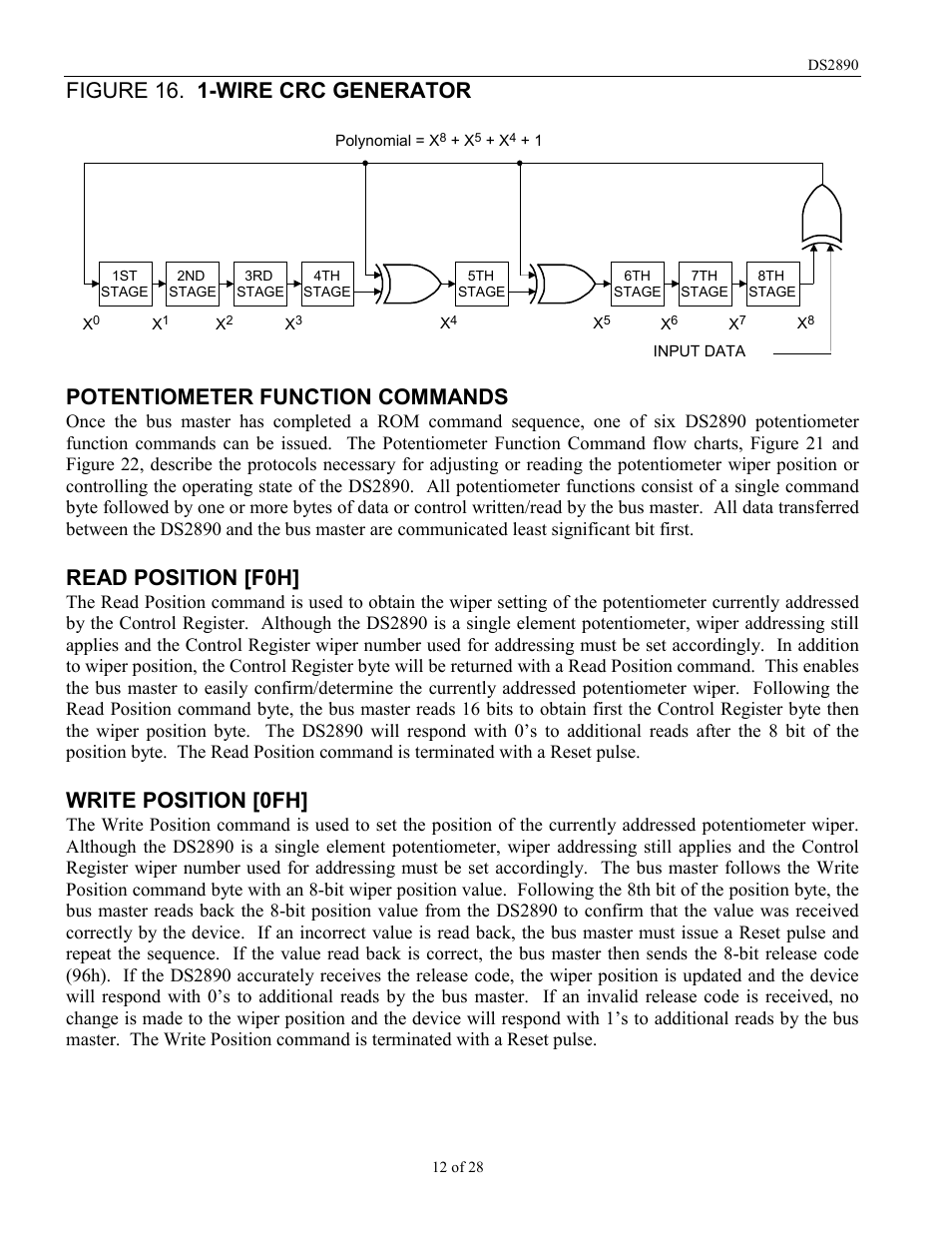 Figure 16. 1-wire crc generator, Potentiometer function commands, Read position [f0h | Write position [0fh | Rainbow Electronics DS2890 User Manual | Page 12 / 28