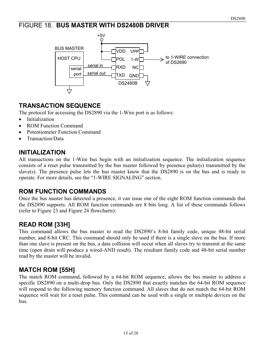 Transaction sequence, Initialization, Rom function commands | Read rom [33h, Match rom [55h | Rainbow Electronics DS2890 User Manual | Page 15 / 28