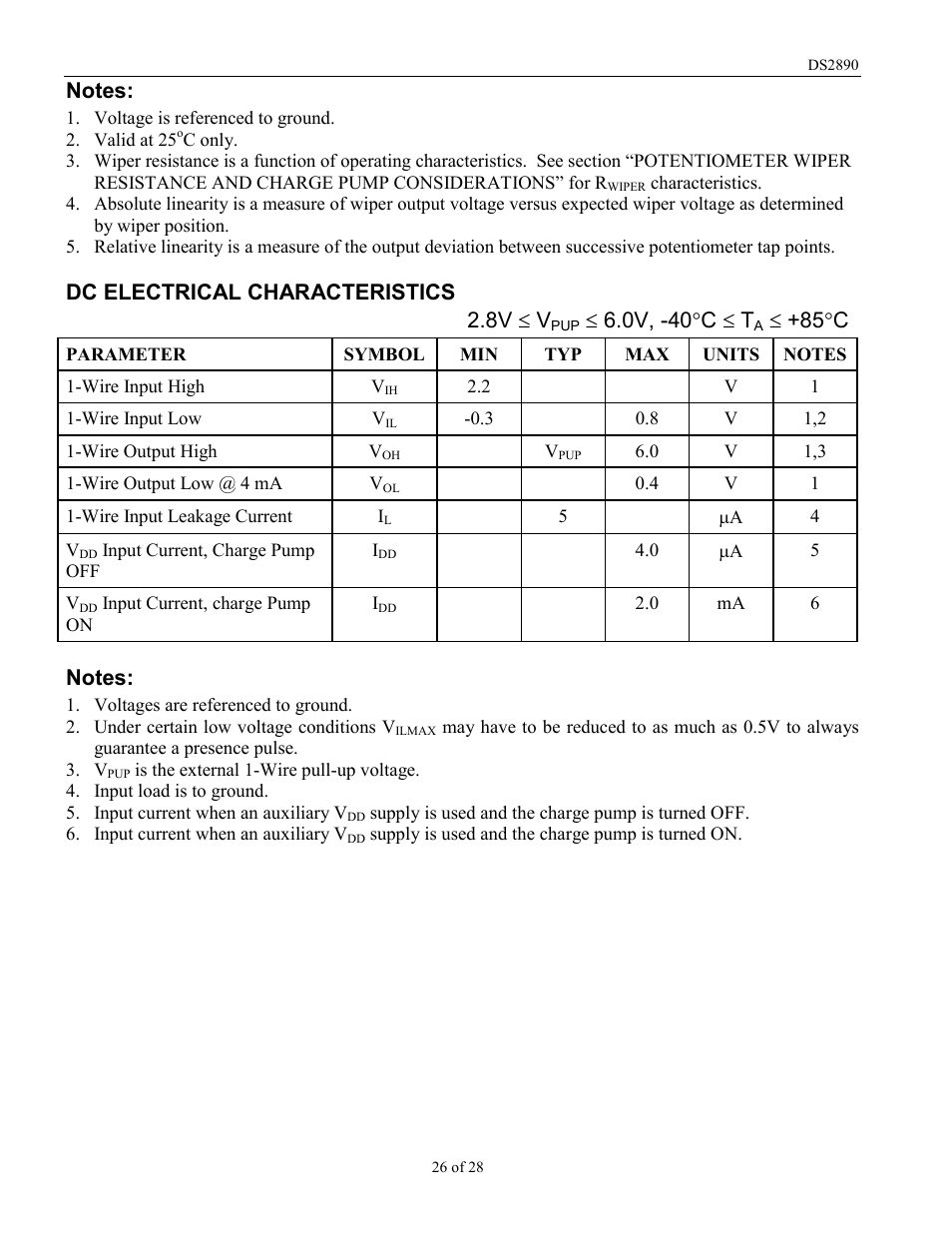 Dc electrical characteristics 2.8v £ v, 0v, -40°c £ t, 85°c | Rainbow Electronics DS2890 User Manual | Page 26 / 28