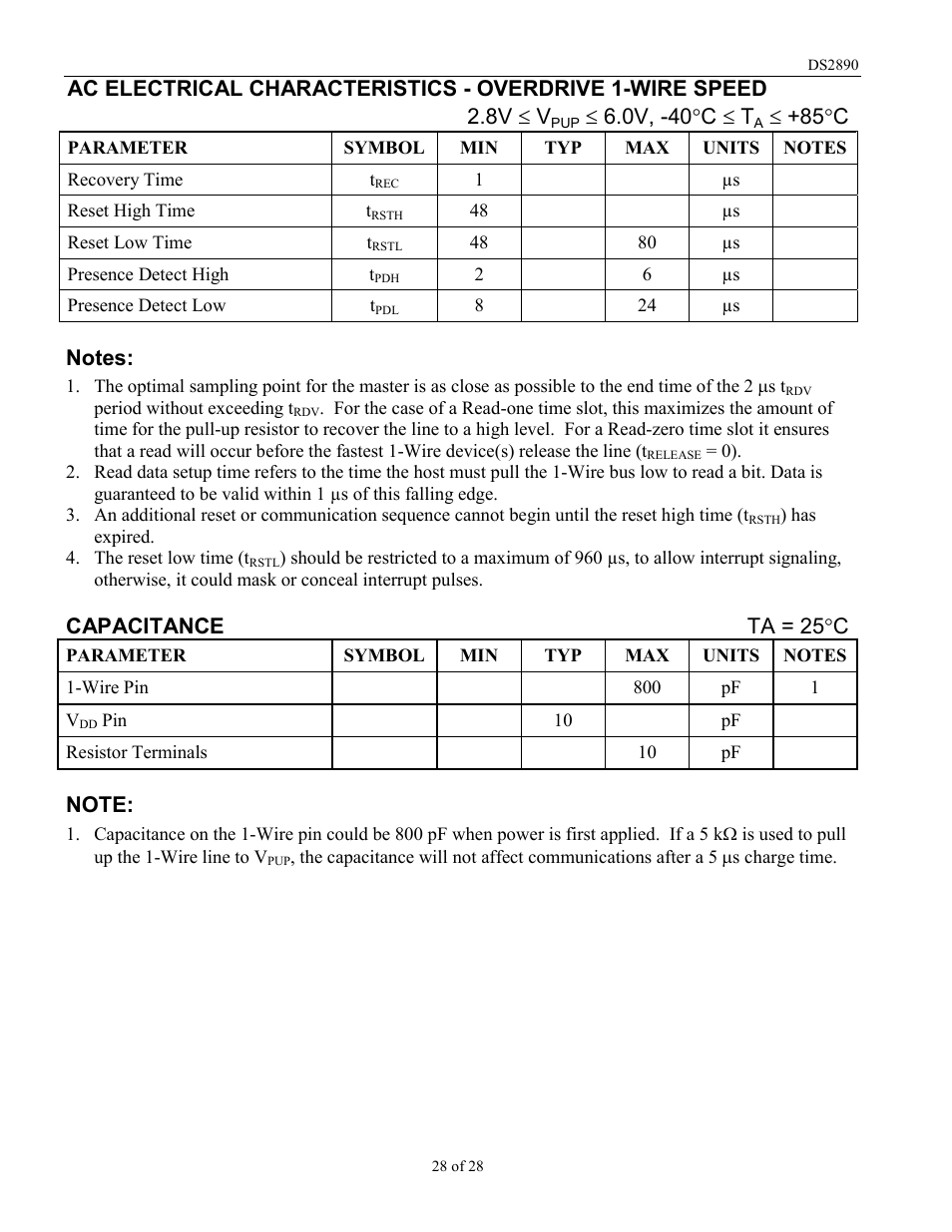 0v, -40°c £ t, 85°c, Capacitance ta = 25 °c | Rainbow Electronics DS2890 User Manual | Page 28 / 28