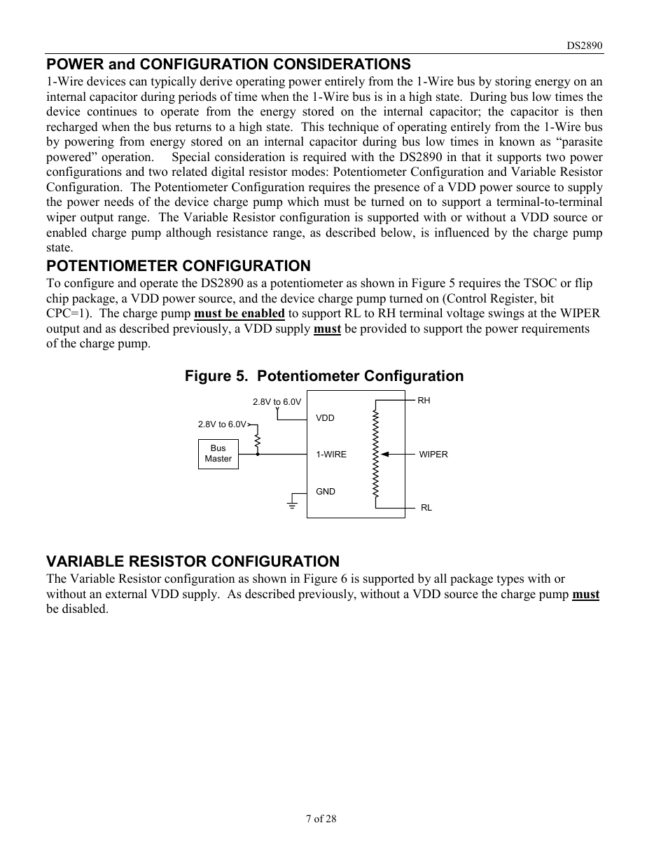 Power and configuration considerations, Potentiometer configuration, Figure 5. potentiometer configuration | Variable resistor configuration | Rainbow Electronics DS2890 User Manual | Page 7 / 28