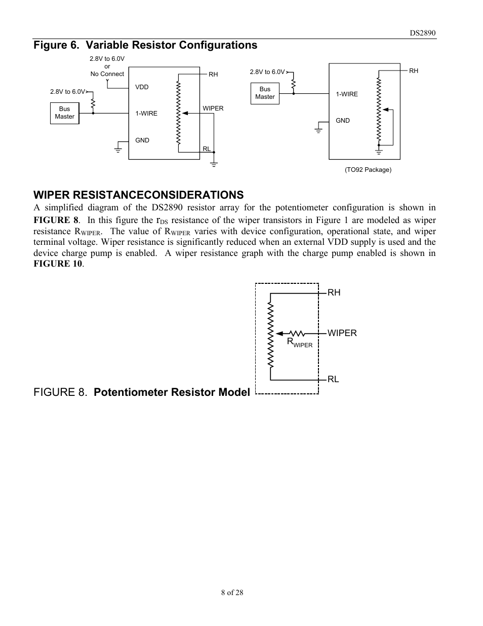 Figure 6. variable resistor configurations, Wiper resistanceconsiderations, Figure 8. potentiometer resistor model | The value of r | Rainbow Electronics DS2890 User Manual | Page 8 / 28