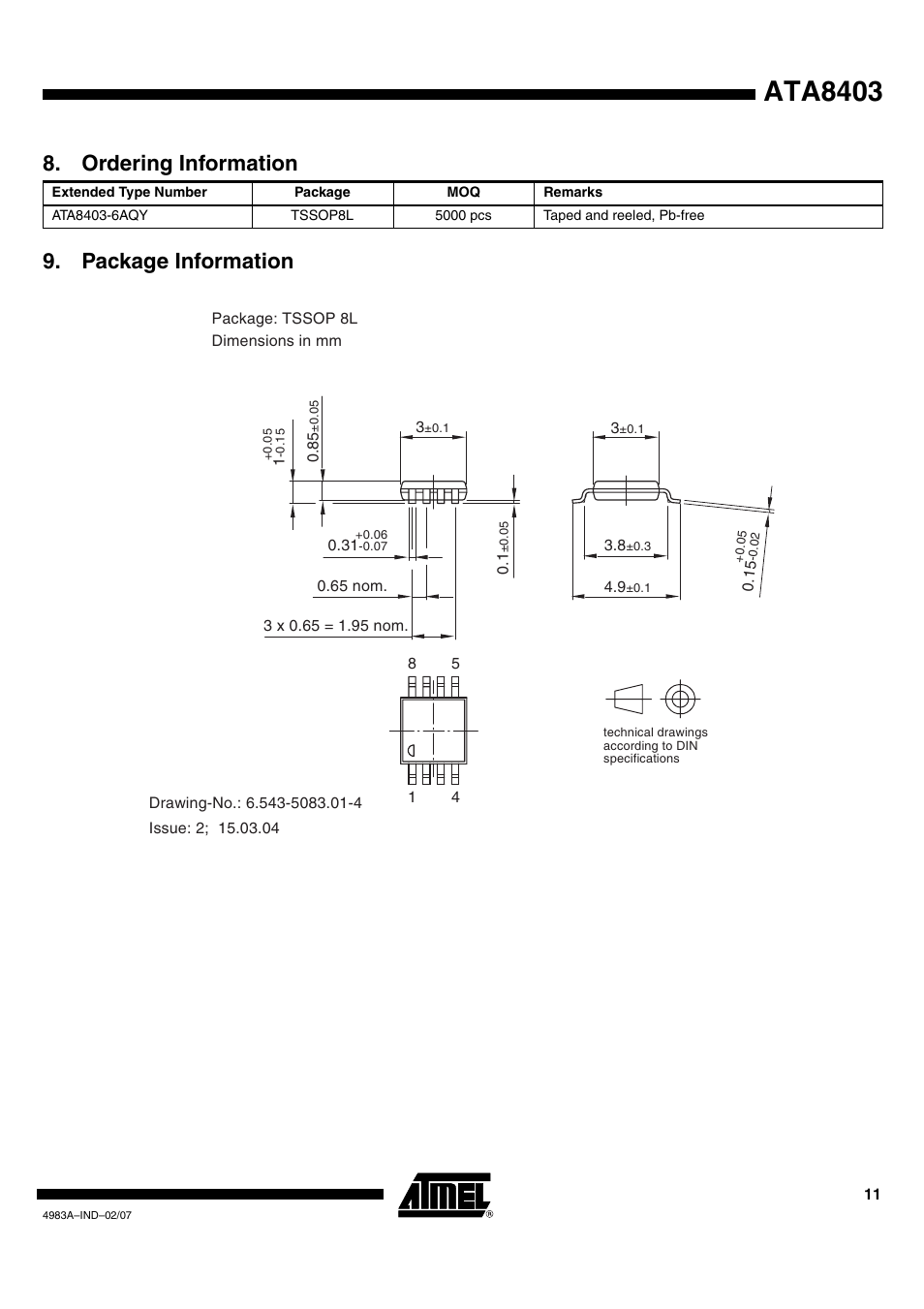 Ata8403, Package information 8. ordering information | Rainbow Electronics ATA8401 User Manual | Page 11 / 12