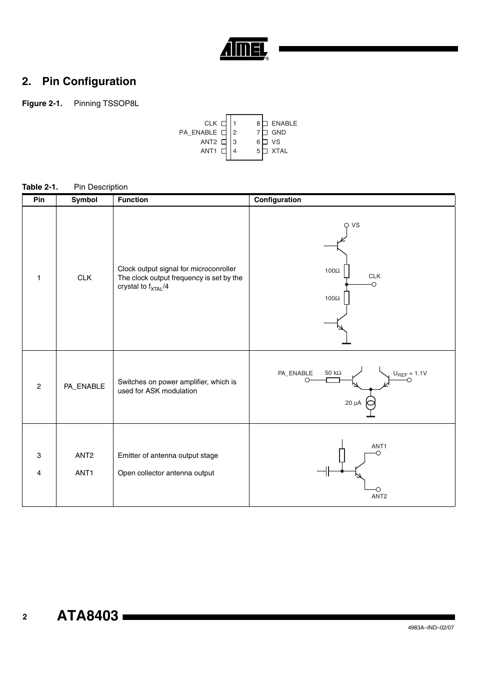 Ata8403, Pin configuration | Rainbow Electronics ATA8401 User Manual | Page 2 / 12