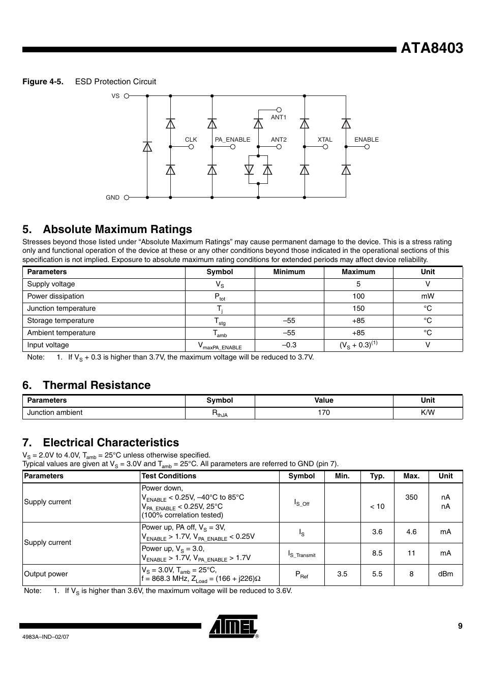 Ata8403, Absolute maximum ratings, Thermal resistance | Electrical characteristics | Rainbow Electronics ATA8401 User Manual | Page 9 / 12