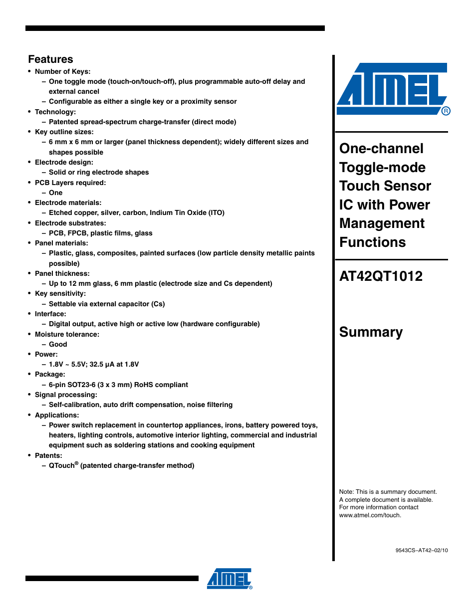 Rainbow Electronics AT42QT1012 User Manual | 6 pages