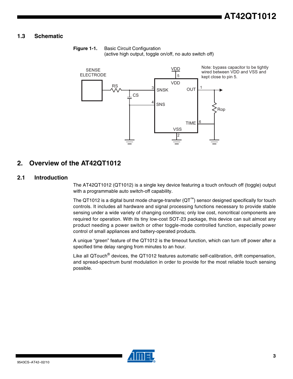 3 schematic, Overview of the at42qt1012, 1 introduction | Rainbow Electronics AT42QT1012 User Manual | Page 3 / 6