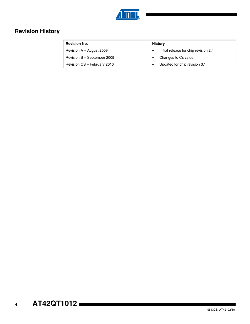 Revision history | Rainbow Electronics AT42QT1012 User Manual | Page 4 / 6