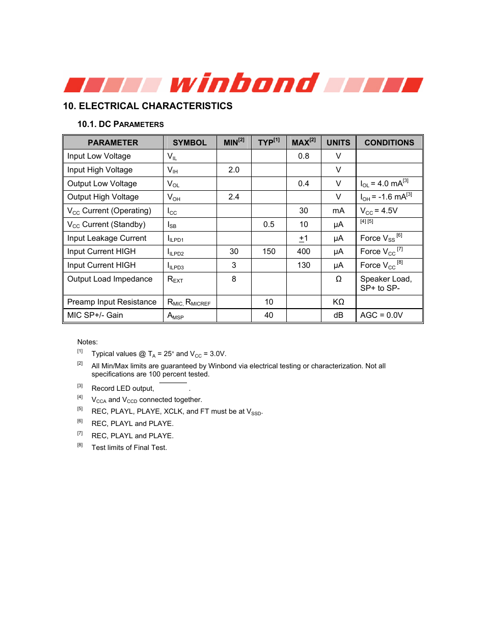 Electrical characteristics, Dc parameters, Isd1800 series | Rainbow Electronics ISD1800 User Manual | Page 17 / 26