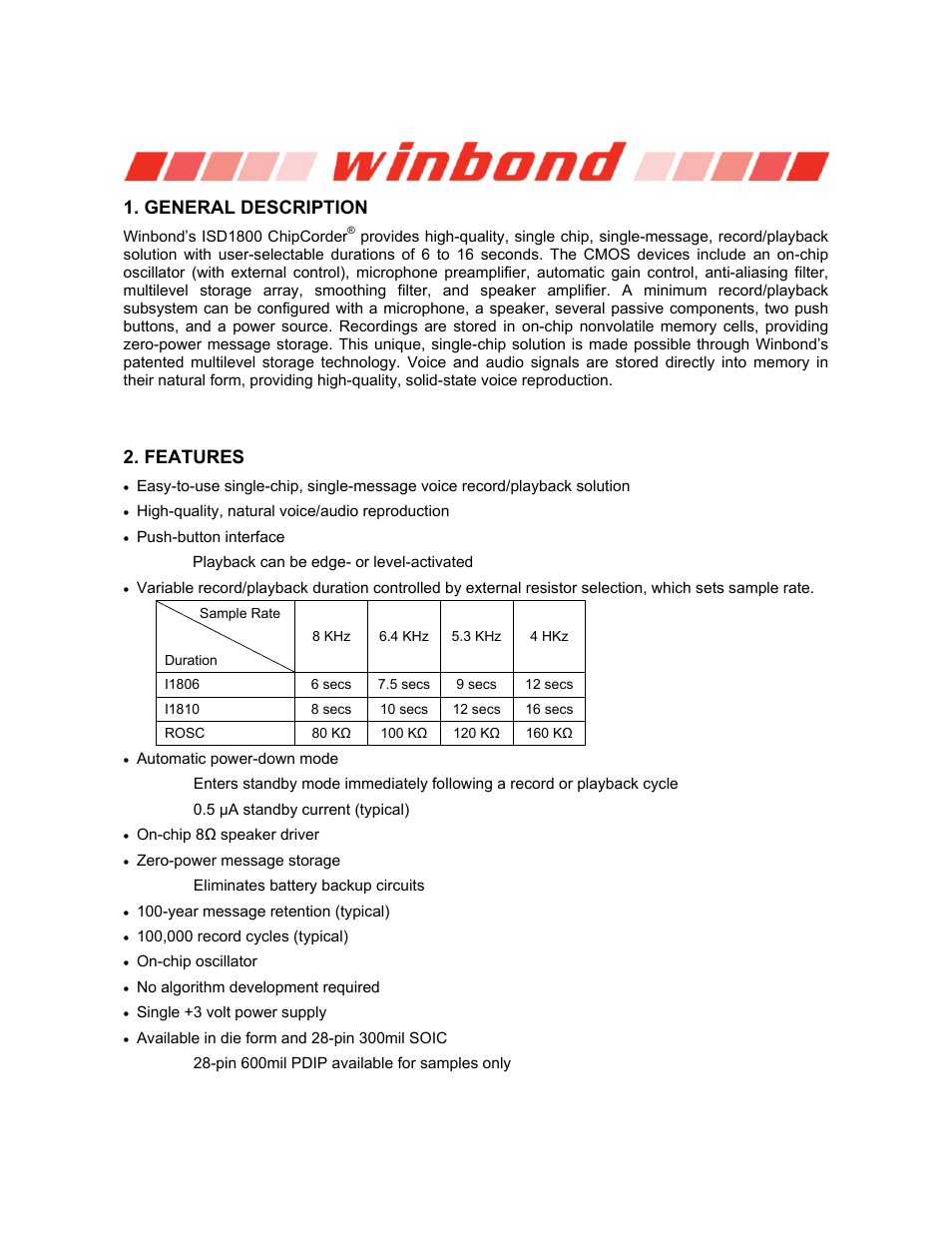 General description, Features, Isd1800 series | Rainbow Electronics ISD1800 User Manual | Page 2 / 26