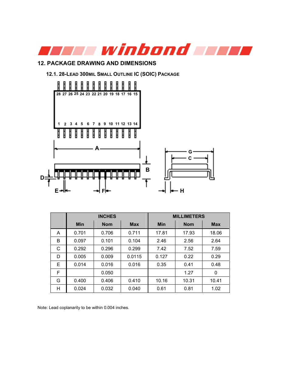 Package drawing and dimensions, 28-lead 300mil small outline ic (soic) package, Isd1800 series | Rainbow Electronics ISD1800 User Manual | Page 20 / 26