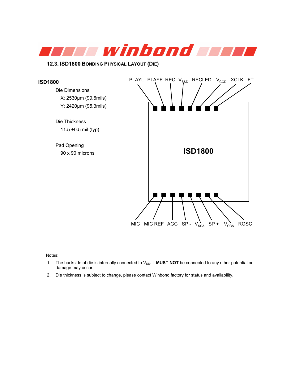 Isd1800 bonding physical layout (die), Isd1800, Isd1800 series | Rainbow Electronics ISD1800 User Manual | Page 22 / 26