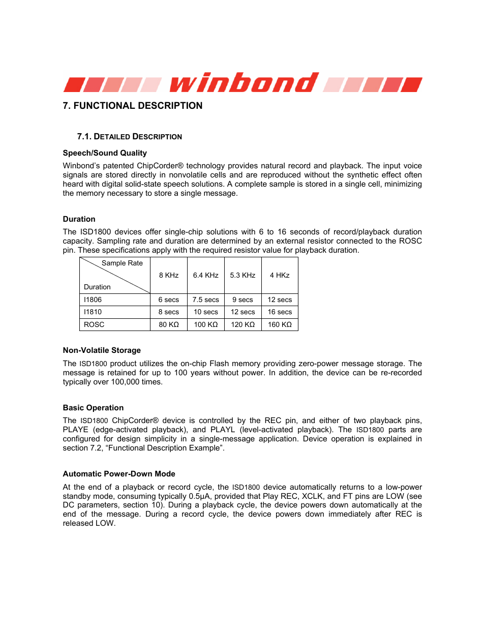 Functional description, Detailed description, Speech/sound quality | Duration, Non-volatile storage, Basic operation, Automatic power-down mode, Isd1800 series | Rainbow Electronics ISD1800 User Manual | Page 9 / 26