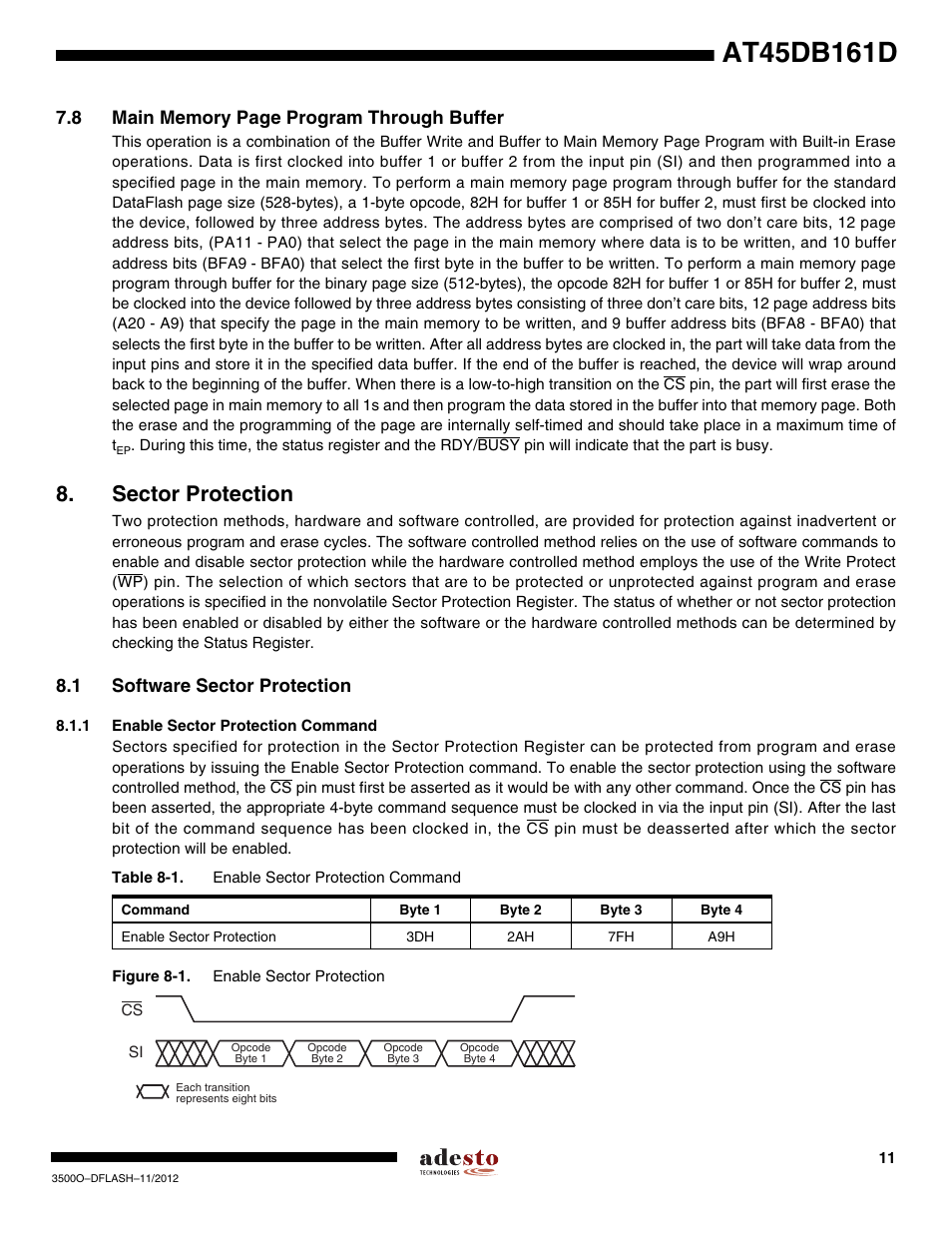 Sector protection, 1 software sector protection, 1 enable sector protection command | Rainbow Electronics AT45DB161D User Manual | Page 11 / 51