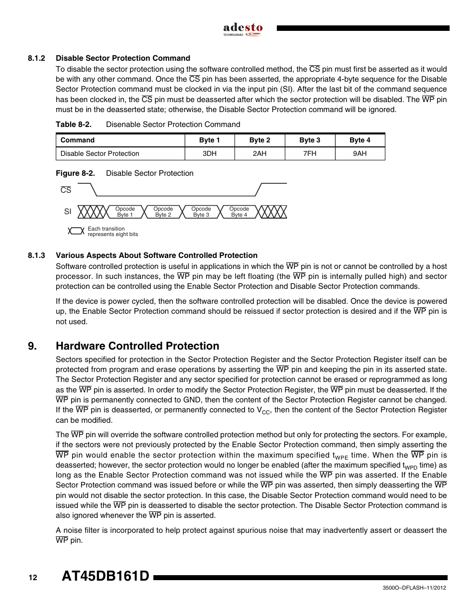2 disable sector protection command, Hardware controlled protection | Rainbow Electronics AT45DB161D User Manual | Page 12 / 51