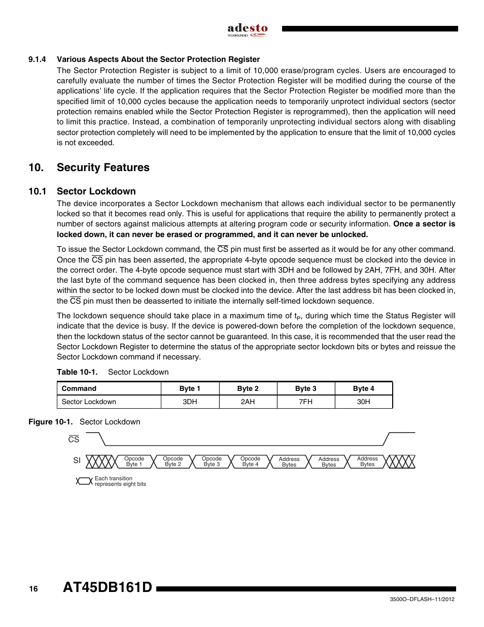 Security features, 1 sector lockdown | Rainbow Electronics AT45DB161D User Manual | Page 16 / 51