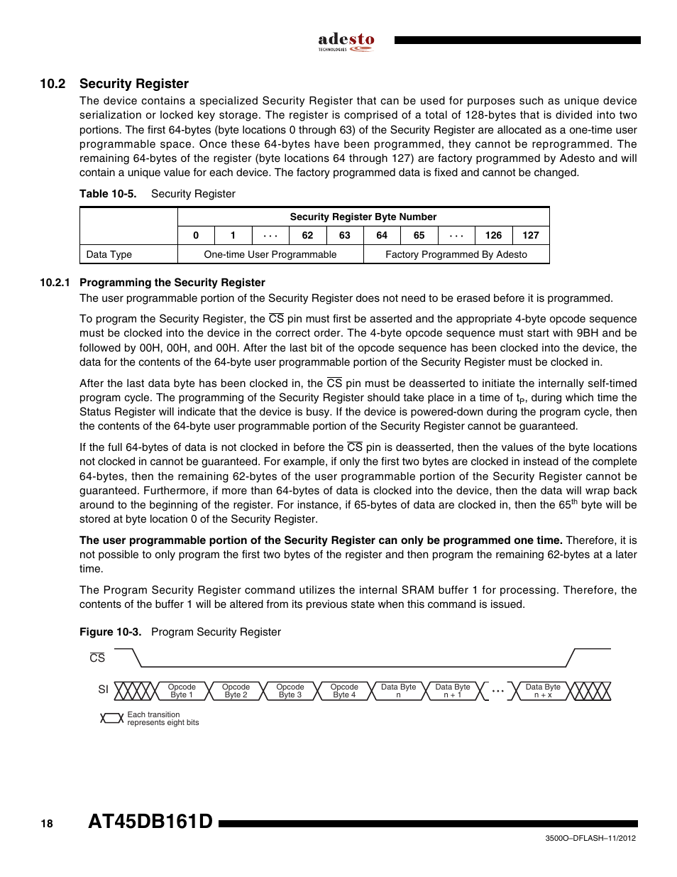 2 security register, 1 programming the security register | Rainbow Electronics AT45DB161D User Manual | Page 18 / 51