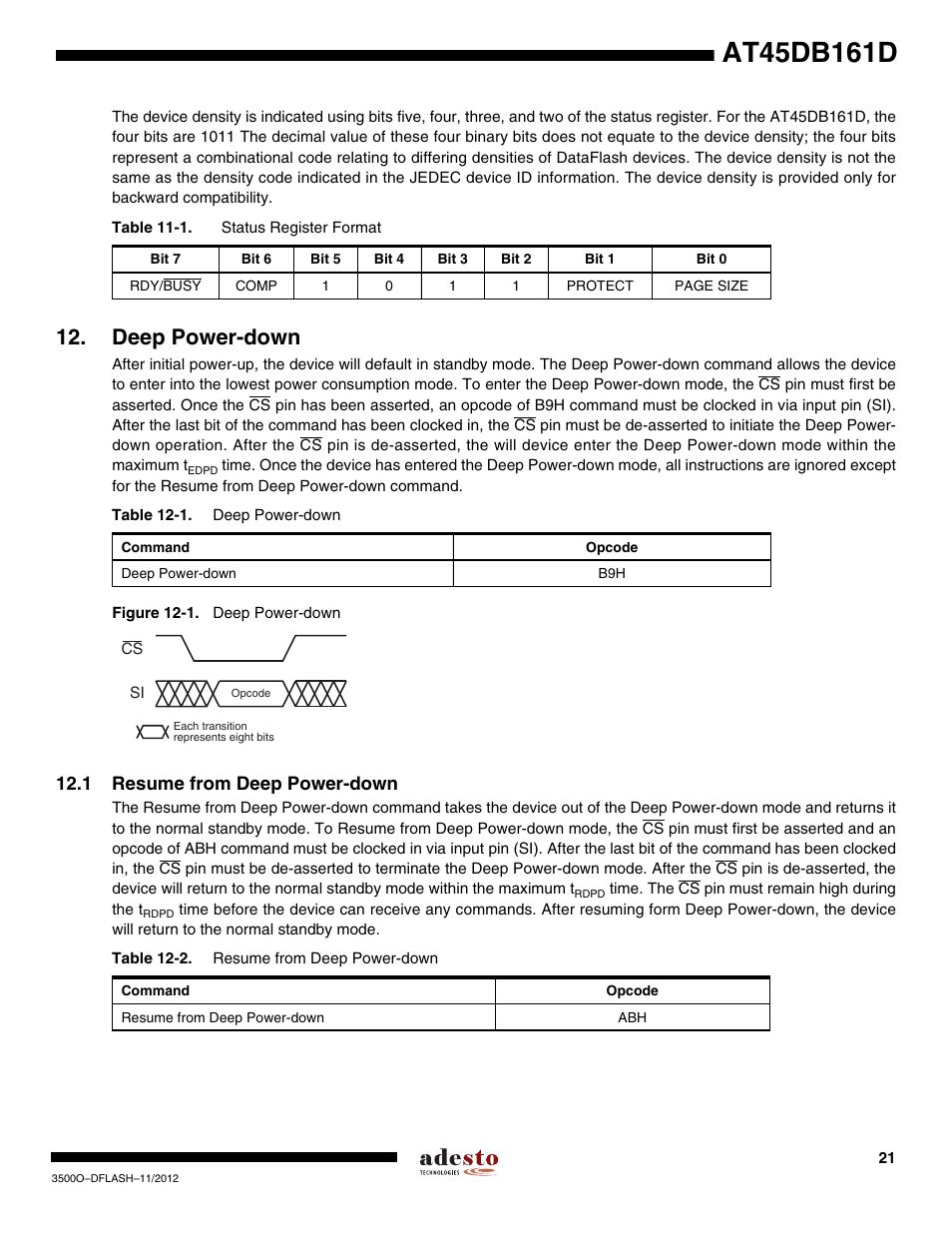 Deep power-down, 1 resume from deep power-down | Rainbow Electronics AT45DB161D User Manual | Page 21 / 51