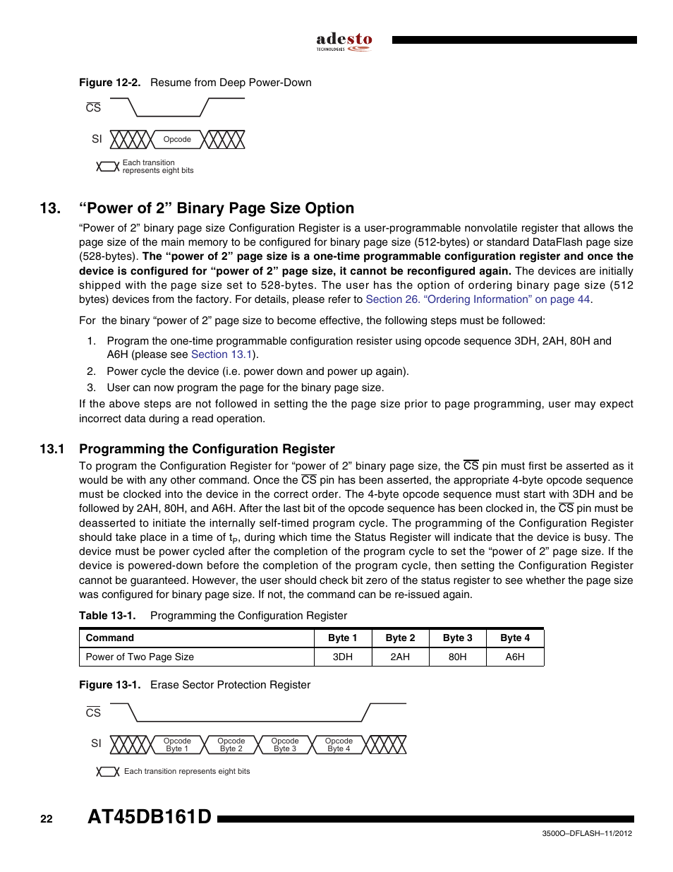 1 programming the configuration register, “power of 2” binary page size option | Rainbow Electronics AT45DB161D User Manual | Page 22 / 51
