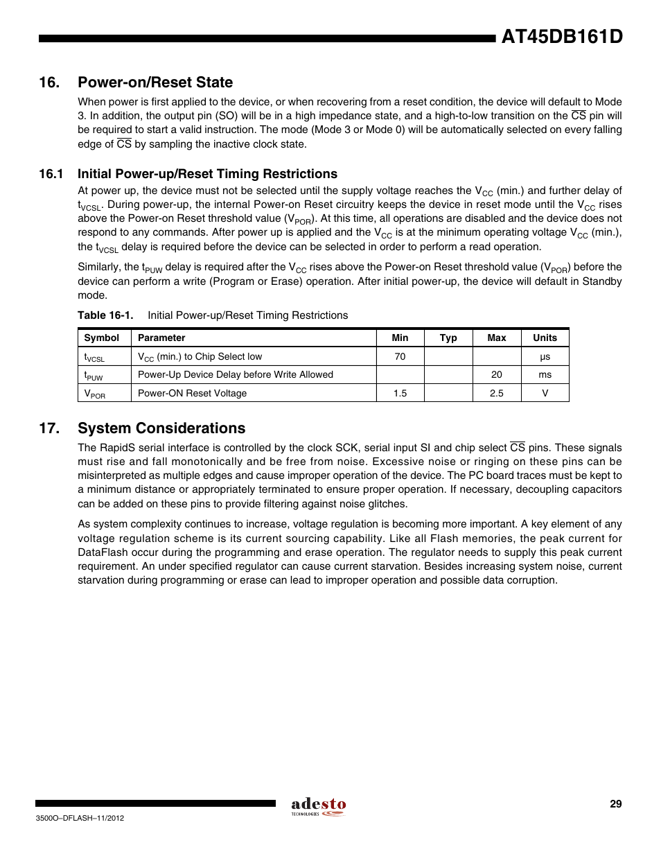 Power-on/reset state, 1 initial power-up/reset timing restrictions, System considerations | Rainbow Electronics AT45DB161D User Manual | Page 29 / 51