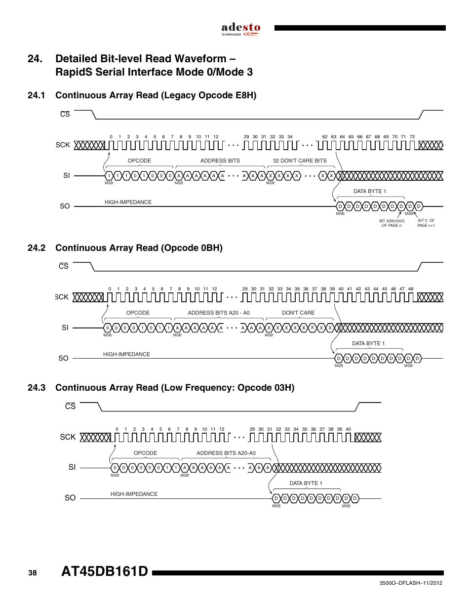 1 continuous array read (legacy opcode e8h), 2 continuous array read (opcode 0bh), Sck cs si so | Rainbow Electronics AT45DB161D User Manual | Page 38 / 51