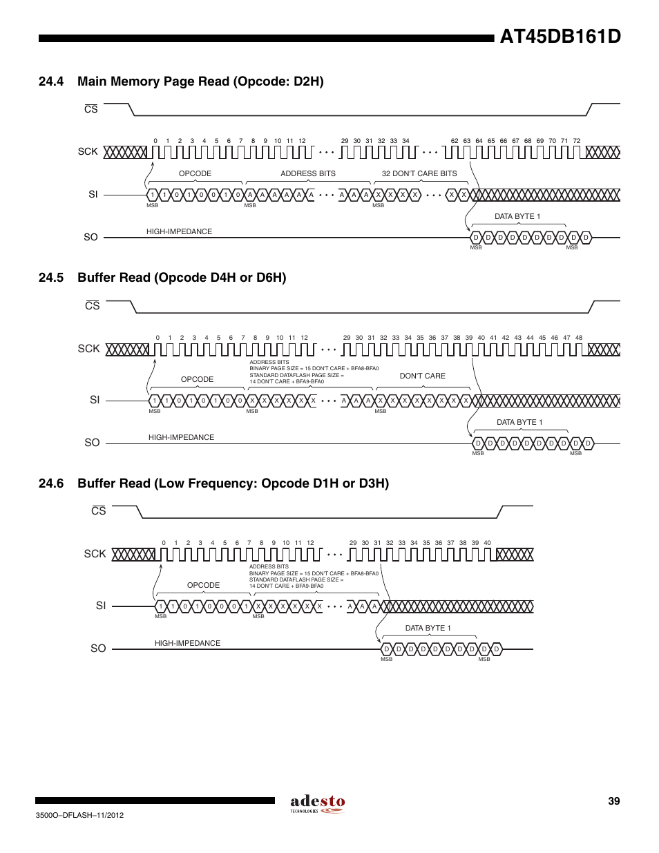 5 buffer read (opcode d4h or d6h), 6 buffer read (low frequency: opcode d1h or d3h), Sck cs si so | Rainbow Electronics AT45DB161D User Manual | Page 39 / 51