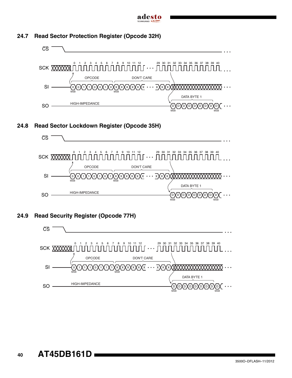 7 read sector protection register (opcode 32h), 8 read sector lockdown register (opcode 35h), 9 read security register (opcode 77h) | Sck cs si so | Rainbow Electronics AT45DB161D User Manual | Page 40 / 51