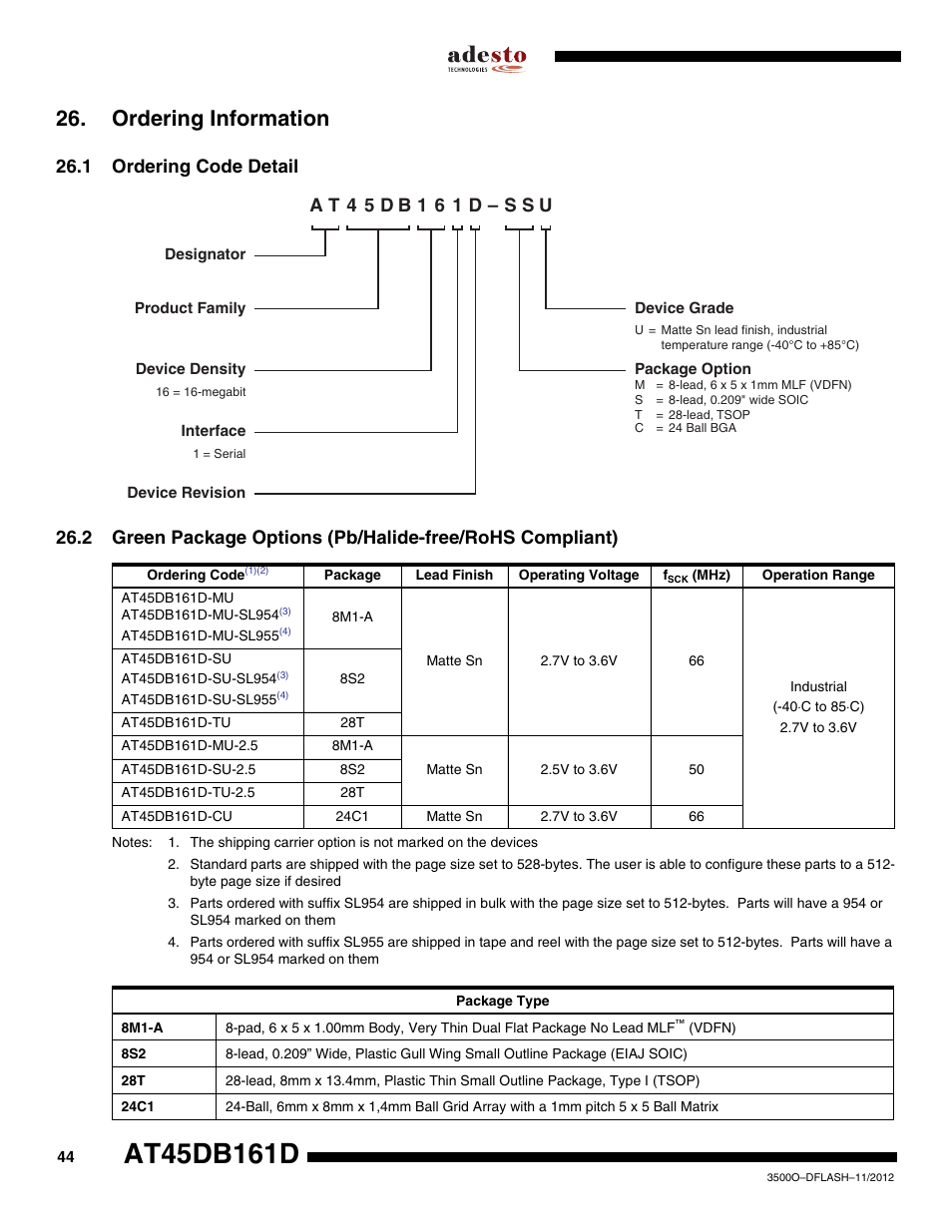 Ordering information, 1 ordering code detail | Rainbow Electronics AT45DB161D User Manual | Page 44 / 51