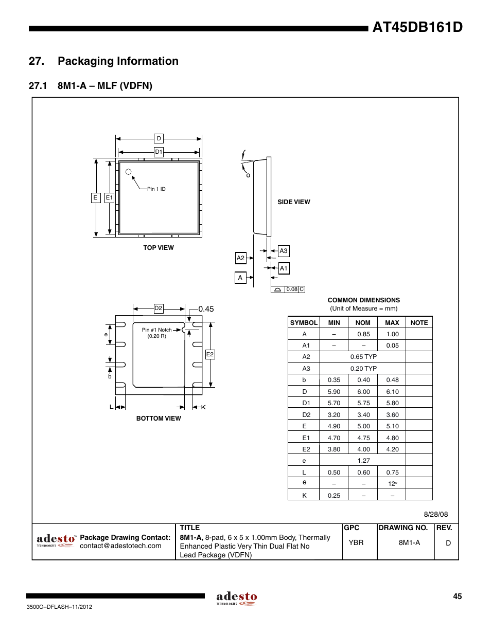 Packaging information, 1 8m1-a – mlf (vdfn) | Rainbow Electronics AT45DB161D User Manual | Page 45 / 51
