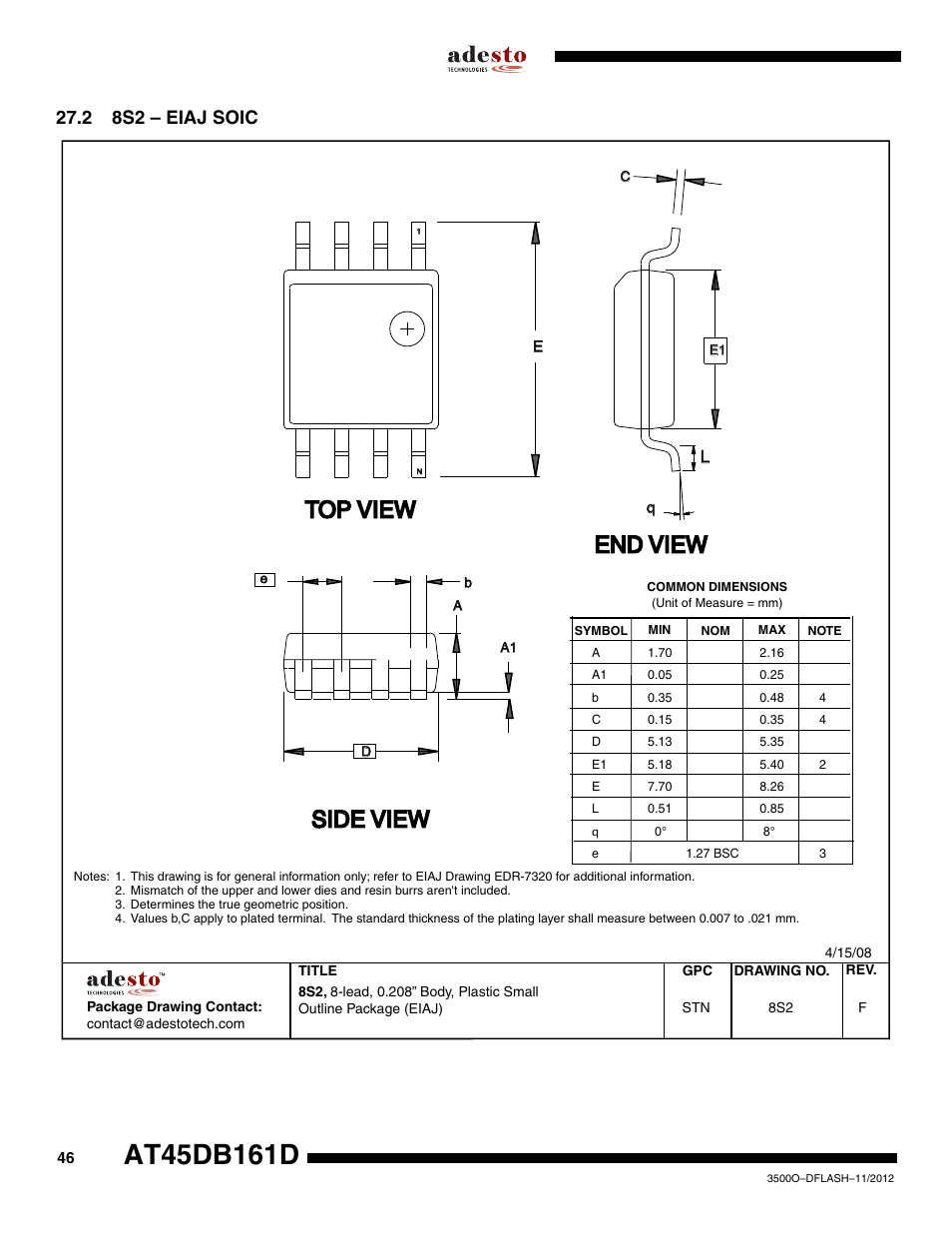 2 8s2 – eiaj soic, Top view, End view | Side view | Rainbow Electronics AT45DB161D User Manual | Page 46 / 51