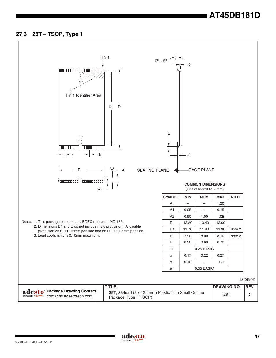 3 28t – tsop, type 1 | Rainbow Electronics AT45DB161D User Manual | Page 47 / 51