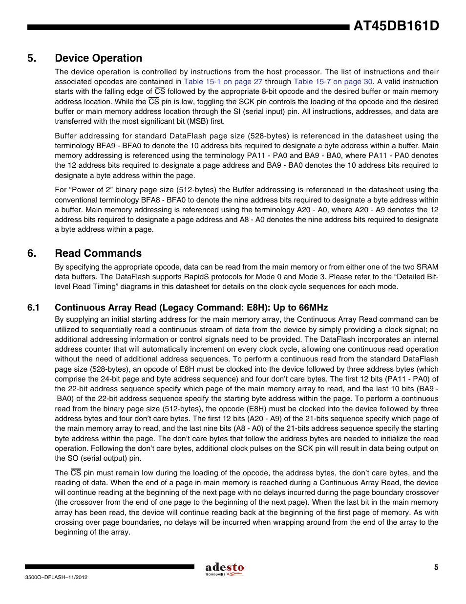 Device operation, Read commands | Rainbow Electronics AT45DB161D User Manual | Page 5 / 51