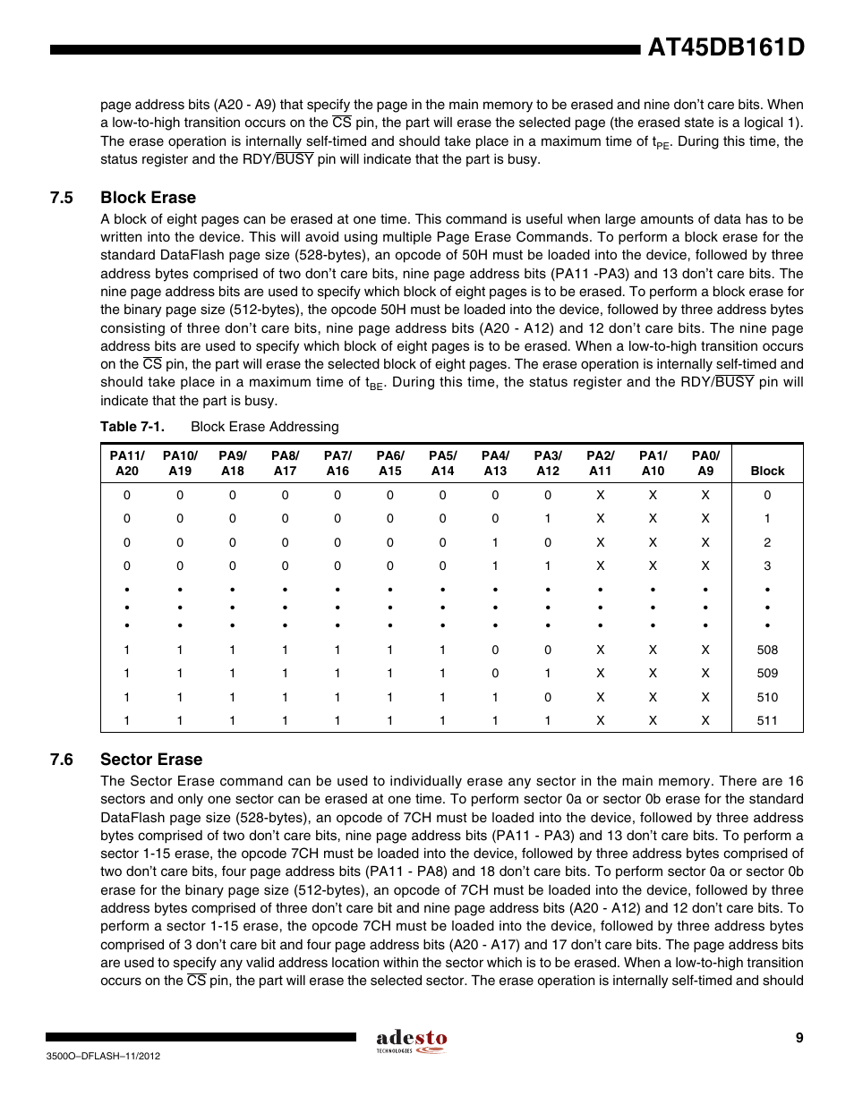 5 block erase, 6 sector erase | Rainbow Electronics AT45DB161D User Manual | Page 9 / 51