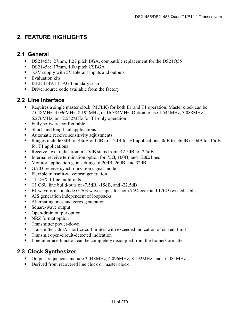 Feature highlights, General, Line interface | Clock synthesizer, Eneral, Nterface, Lock, Ynthesizer | Rainbow Electronics DS21458 User Manual | Page 11 / 270