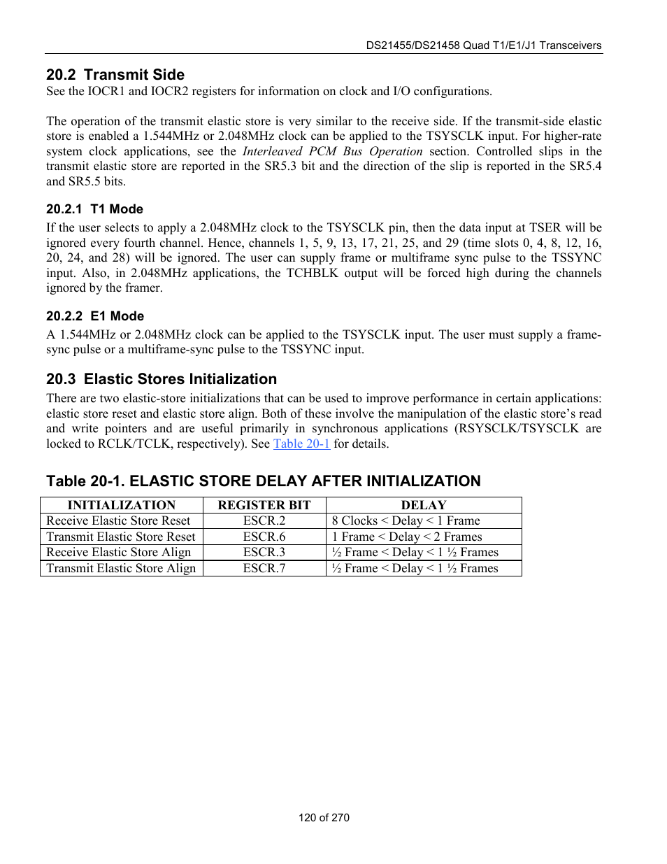 Transmit side, T1 mode, E1 mode | Elastic stores initialization, Ransmit, Lastic, Tores, Nitialization | Rainbow Electronics DS21458 User Manual | Page 120 / 270