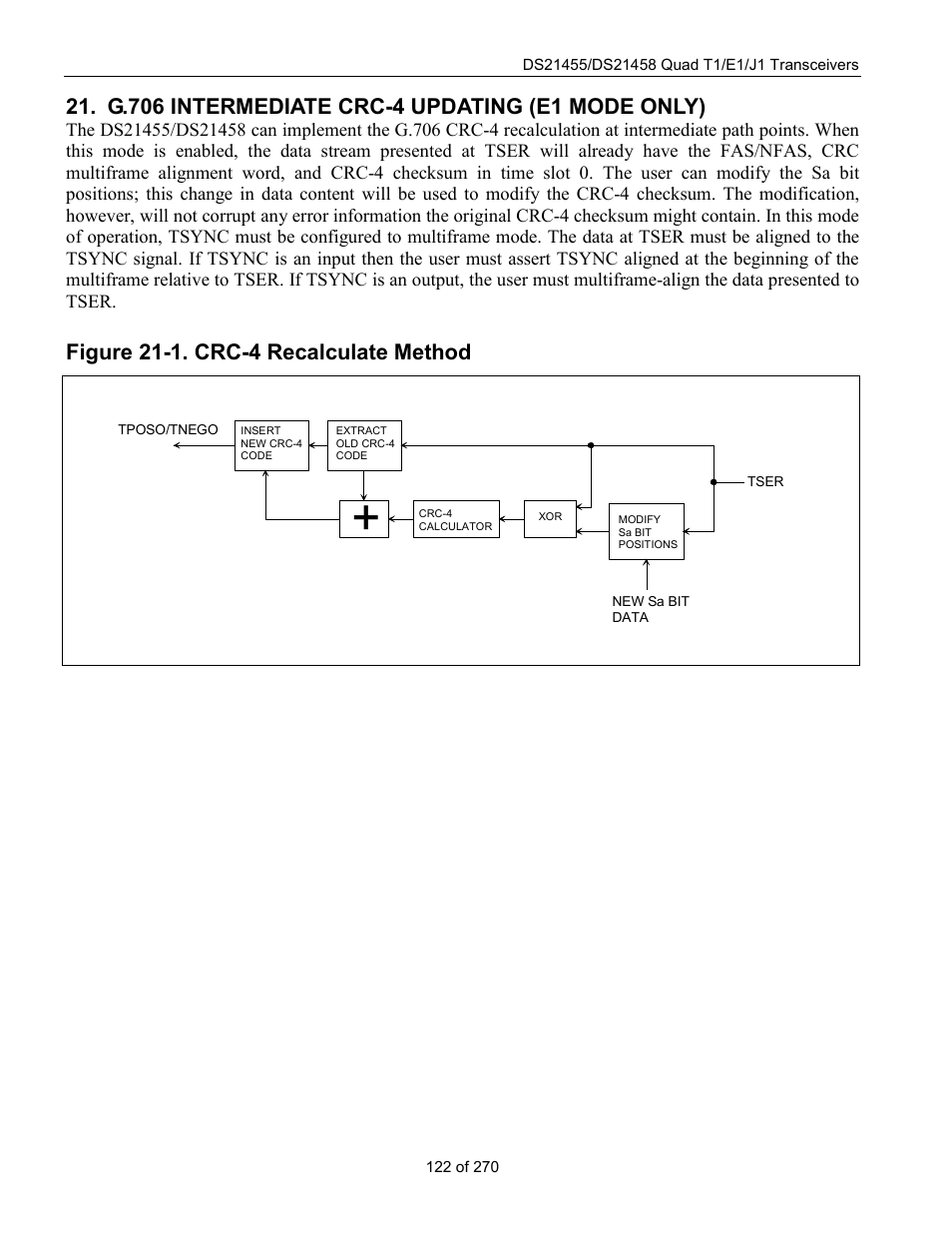 G.706 intermediate crc-4 updating (e1 mode only), Figure 21-1. crc-4 recalculate method | Rainbow Electronics DS21458 User Manual | Page 122 / 270