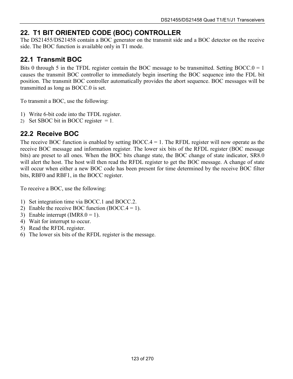 T1 bit oriented code (boc) controller, Transmit boc, Receive boc | Ransmit, Eceive, 1 transmit boc, 2 receive boc | Rainbow Electronics DS21458 User Manual | Page 123 / 270