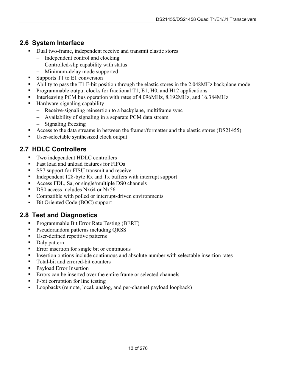 System interface, Hdlc controllers, Test and diagnostics | Ystem, Nterface, Hdlc c, Ontrollers, Est and, Iagnostics | Rainbow Electronics DS21458 User Manual | Page 13 / 270