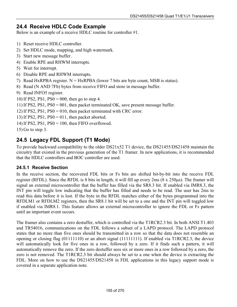 Receive hdlc code example, Legacy fdl support (t1 mode), Receive section | Eceive, Hdlc c, Xample, Egacy, Fdl s, Upport, T1 m | Rainbow Electronics DS21458 User Manual | Page 155 / 270