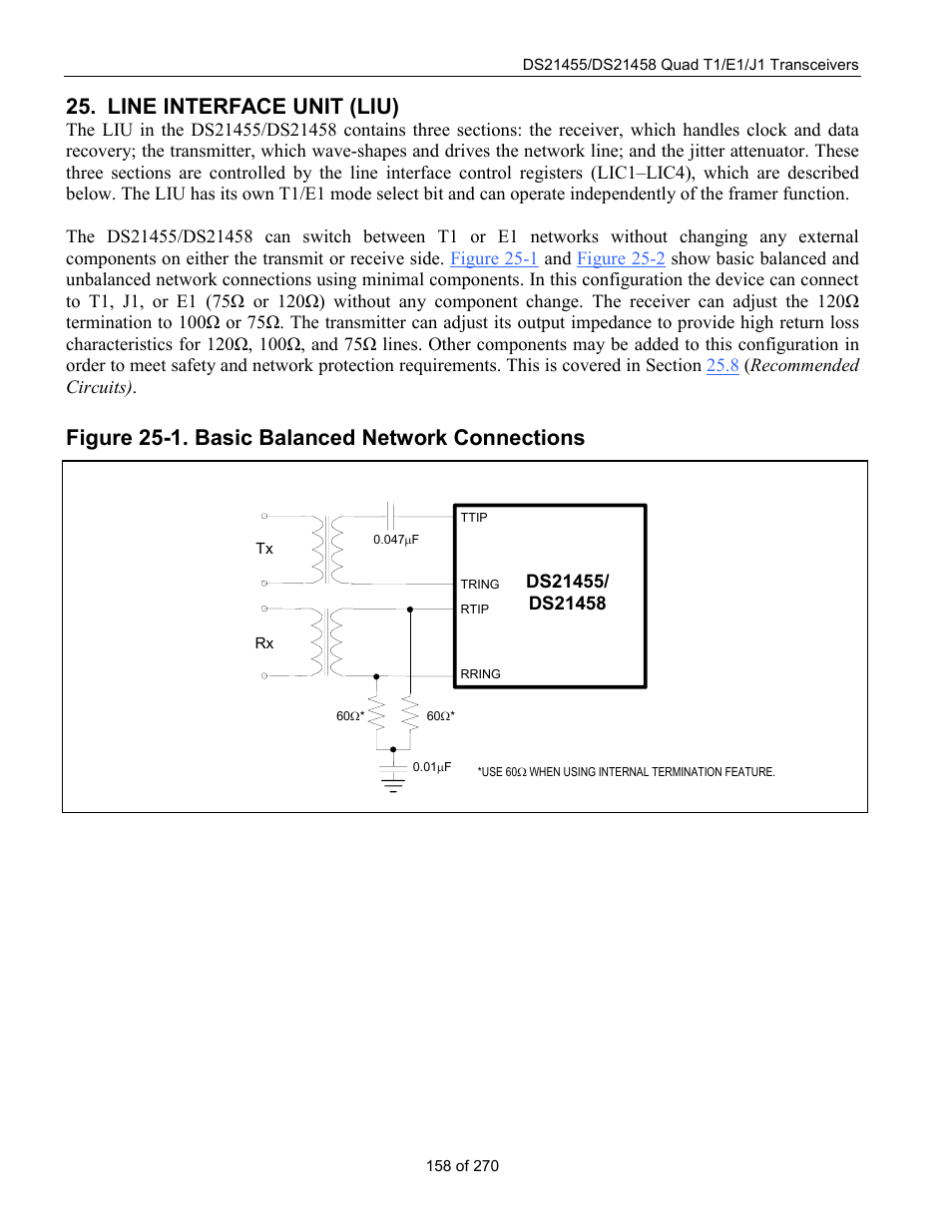 Line interface unit (liu), Figure 25-1. basic balanced network connections | Rainbow Electronics DS21458 User Manual | Page 158 / 270