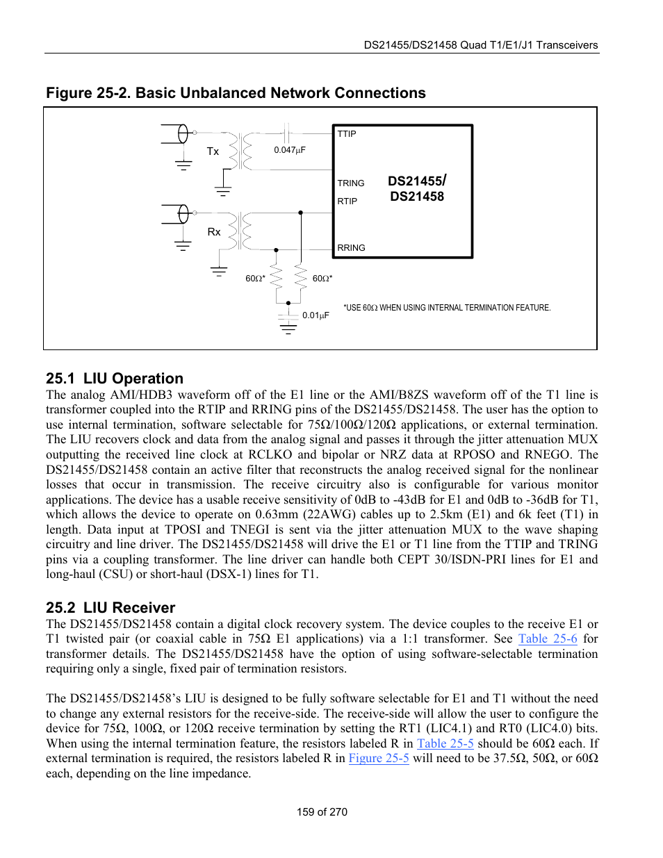 Liu operation, Liu receiver, 1 liu o | Peration, 2 liu r, Eceiver, Figure 25-2. basic unbalanced network connections, Figure 25-2, Show basic balan, 1 liu operation | Rainbow Electronics DS21458 User Manual | Page 159 / 270