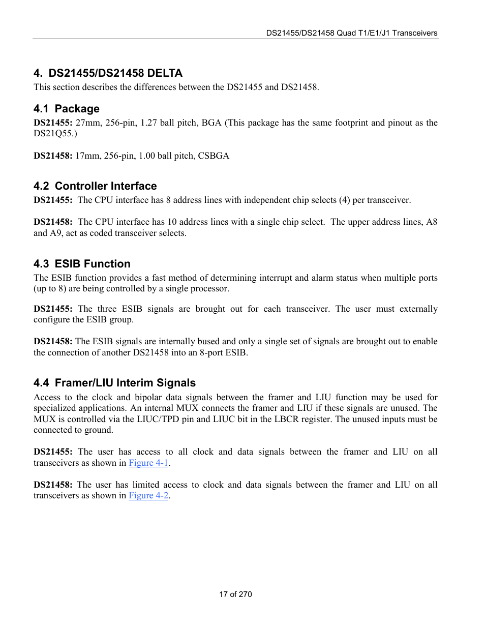 Ds21455/ds21458 delta, Package, Controller interface | Esib function, Framer/liu interim signals, Ackage, Ontroller, Nterface, Esib f, Unction | Rainbow Electronics DS21458 User Manual | Page 17 / 270