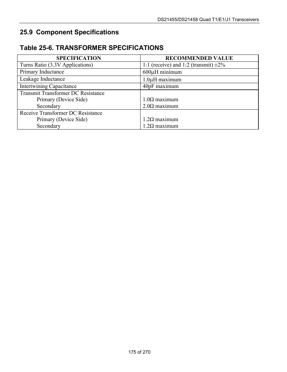 Component specifications, Omponent, Pecifications | Table 25-6. transformer specifications, Table 25-6 | Rainbow Electronics DS21458 User Manual | Page 175 / 270