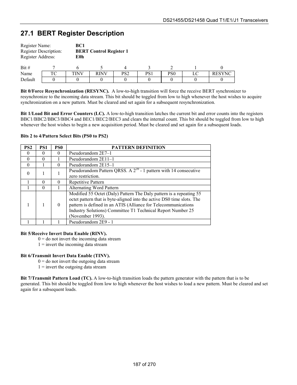 Bert register description, 1 bert r, Egister | Escription, 1 bert register description | Rainbow Electronics DS21458 User Manual | Page 187 / 270