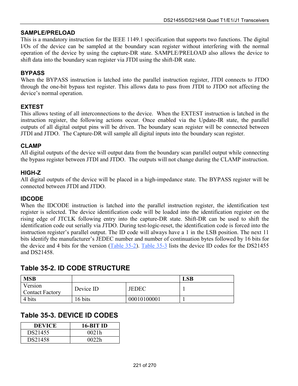 Table 35-2. id code structure, Table 35-3. device id codes | Rainbow Electronics DS21458 User Manual | Page 221 / 270