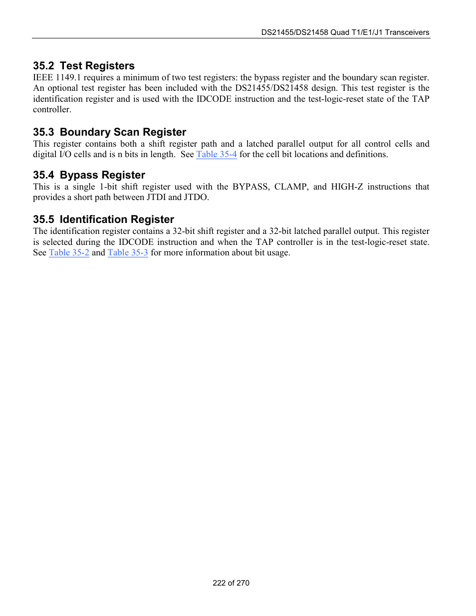 Test registers, Boundary scan register, Bypass register | Identification register, Egisters, Oundary, Egister, Ypass, Dentification | Rainbow Electronics DS21458 User Manual | Page 222 / 270