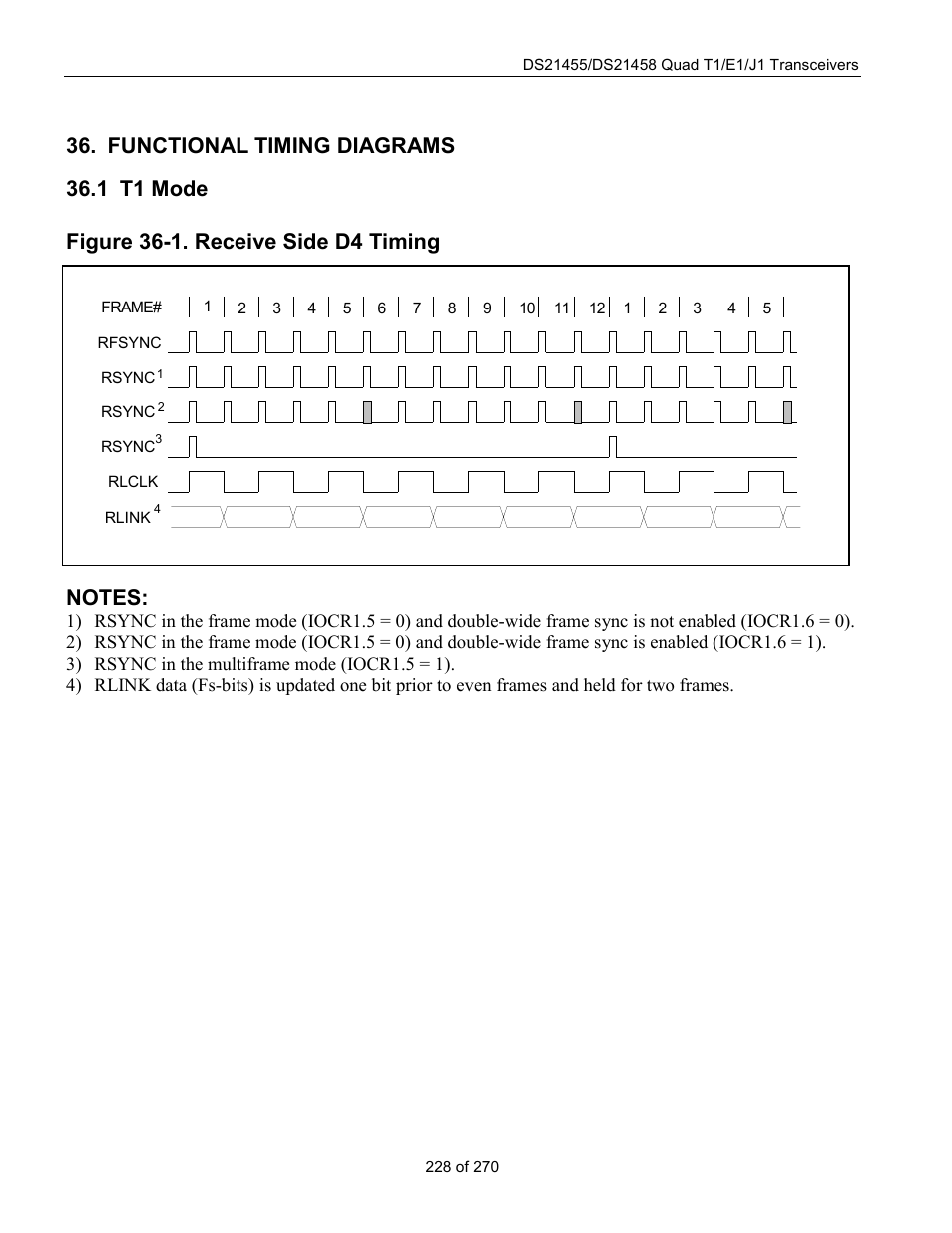 Functional timing diagrams, T1 mode, 1 t1 m | Figure 36-1. receive side d4 timing, 1 t1 mode | Rainbow Electronics DS21458 User Manual | Page 228 / 270