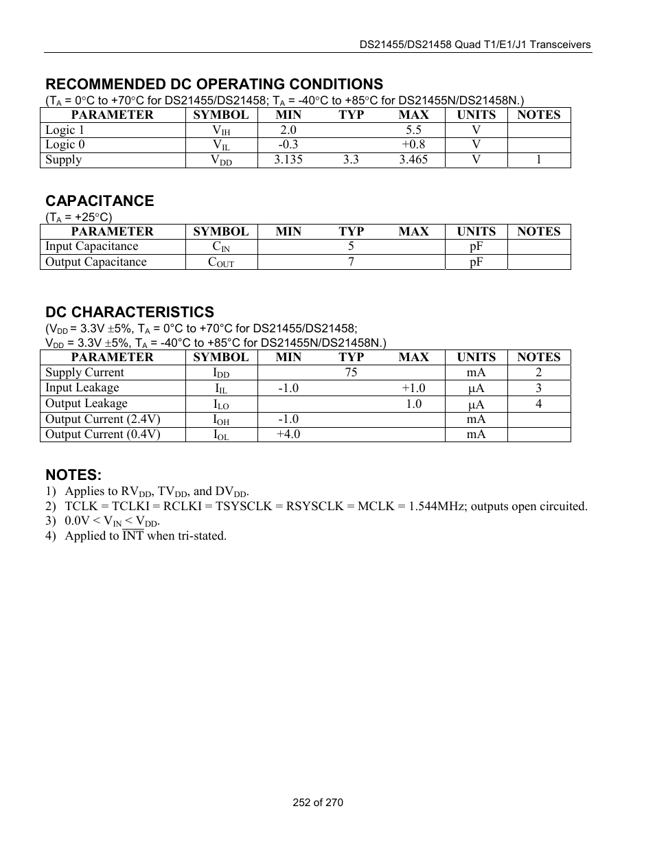 Recommended dc operating conditions, Capacitance, Dc characteristics | Rainbow Electronics DS21458 User Manual | Page 252 / 270