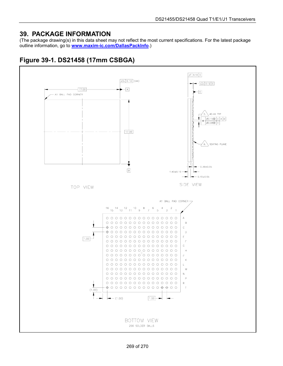 Package information, Figure 39-1. ds21458 (17mm csbga) | Rainbow Electronics DS21458 User Manual | Page 269 / 270