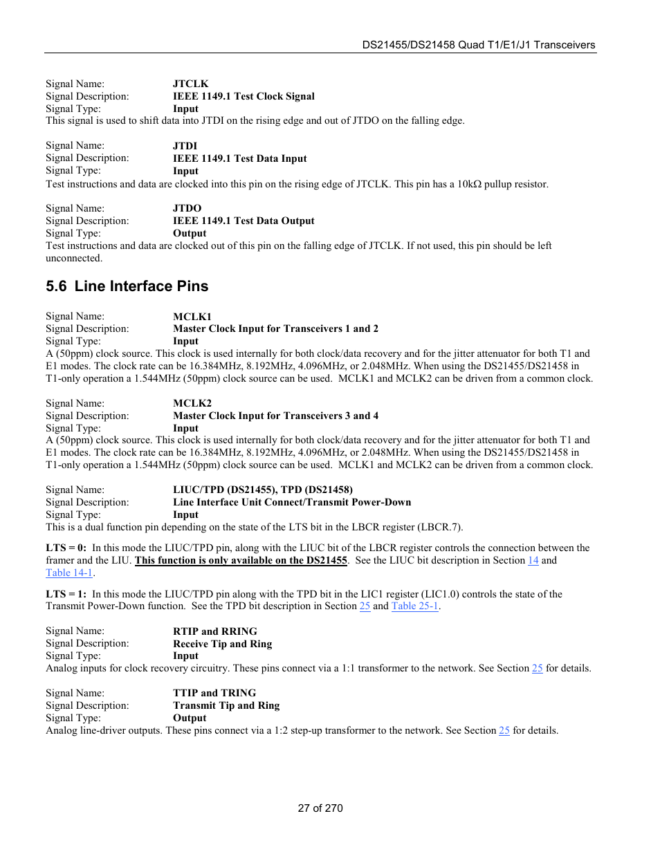 Line interface pins, Nterface, 6 line interface pins | Rainbow Electronics DS21458 User Manual | Page 27 / 270